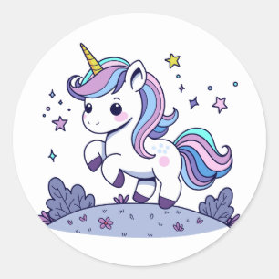 Adesivo Redondo Chibi Unicorn Púrpura Azul Rosa