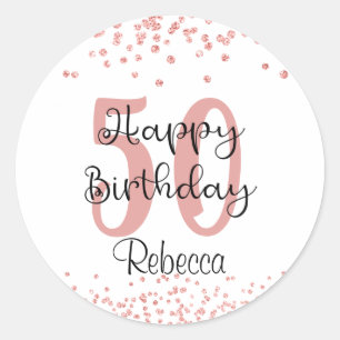 Adesivo Redondo Chic 50th Birthday Rosa Dourado Glitter Name
