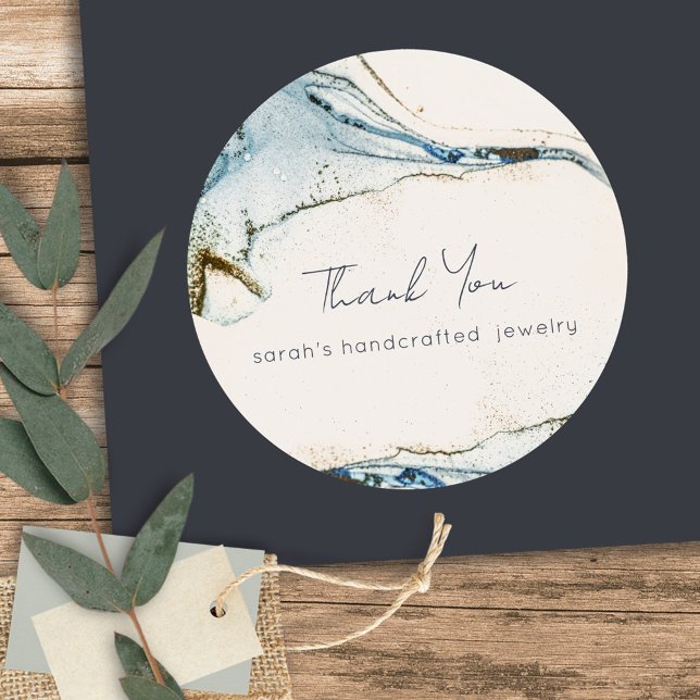 Adesivo Redondo Chic Abstrato Blue Dourado Beachy Obrigado Por Ord (Criador carregado)