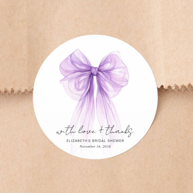 Adesivo Redondo Chic Arco-íris Roxo Agradecimento de Chás de Casan (Chic Purple Bow Watercolor Bridal Shower Thank You Classic Round Sticker)