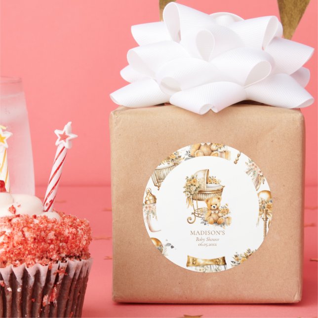 Adesivo Redondo Chic Beige Dourado Bassinet Personalizado (Festa)