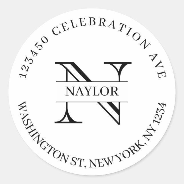 Adesivo Redondo Chic Black and White Monographic Names Address (Frente)