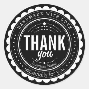 Adesivo Redondo Chic Black White Handmade Obrigado Stick