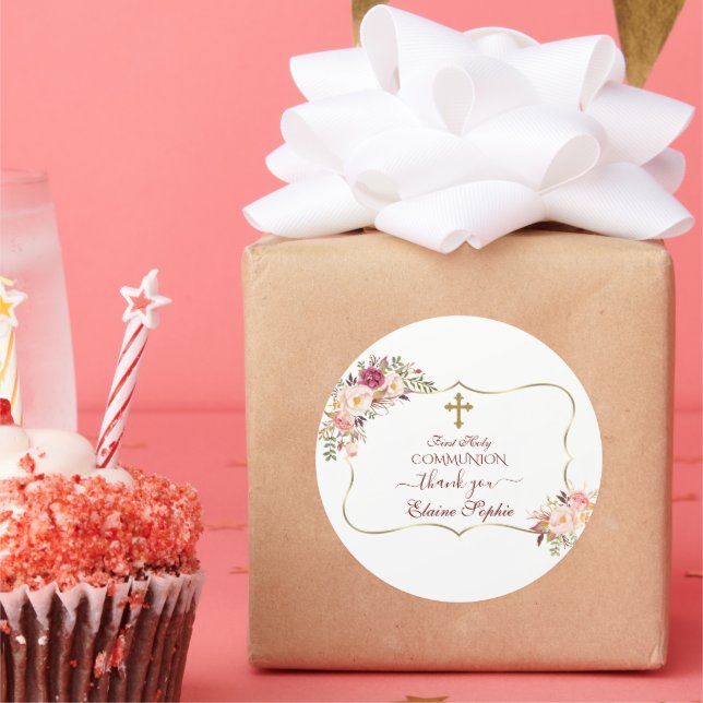 Adesivo Redondo Chic Blush Rosa Floral Dourado Primeira Comunhão S (Festa)