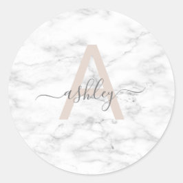 Adesivo Redondo Chic Blush White Marble Script Name Monogramo