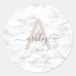 Adesivo Redondo Chic Blush White Marble Script Name Monogramo