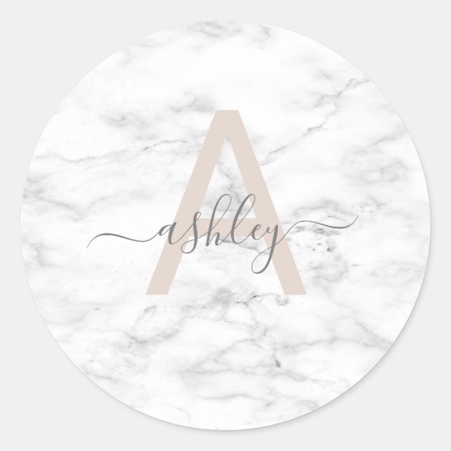 Adesivo Redondo Chic Blush White Marble Script Name Monogramo (Frente)
