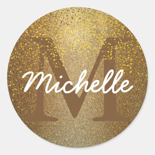 Adesivo Redondo Chic Dourado Confetti Monograma Name Round Sticker (Frente)