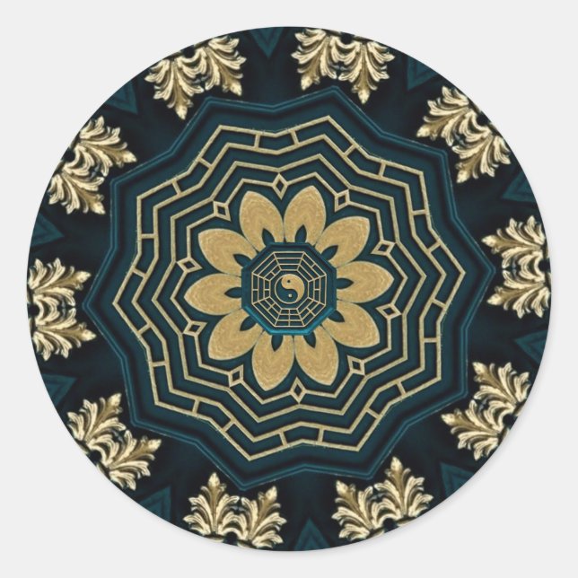 Adesivo Redondo Chic Dourado & Verde Estilo Asiático (Frente)