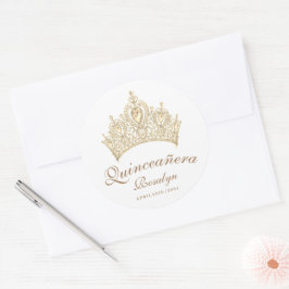 Adesivo Redondo Chic Elegante Quinceañera Dourado Script Coroa