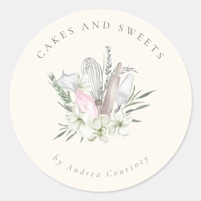 Adesivo Redondo Chic Floral Bakery Pastelaria Chef Baking Utensls (Frente)