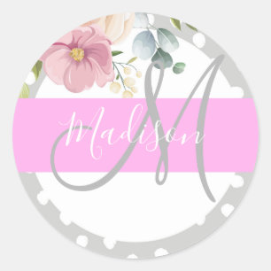 Adesivo Redondo Chic & Girly Floral Branco Rosa Cinza Monograma No