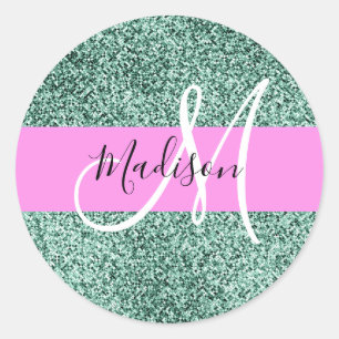 Adesivo Redondo Chic Glam Rosa Verde Brilho Brilhar Nome Monograma