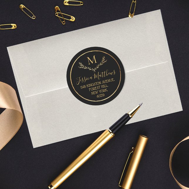 Adesivo Redondo Chic Gold Foil Wreath Monograma Endereço de devolu (Criador carregado)