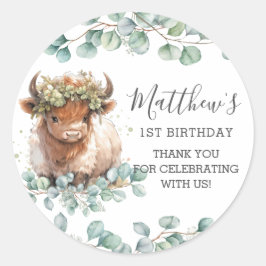 Adesivo Redondo Chic Greenery Cute Highland Cow Obrigado
