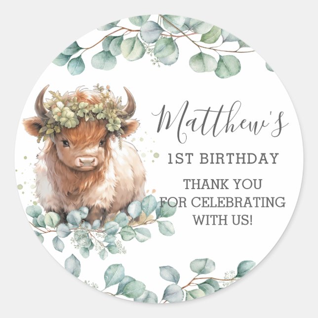 Adesivo Redondo Chic Greenery Cute Highland Cow Obrigado (Frente)
