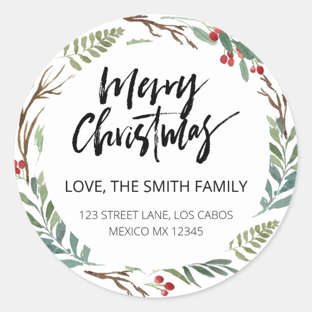 Adesivo Redondo Chic Greenery Red Berries Endereço de Regresso de  (Frente)
