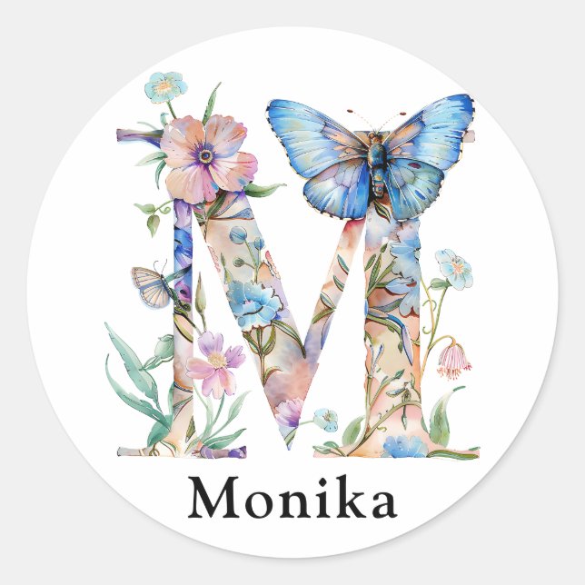 Adesivo Redondo Chic - Letra M | Whimsical Floral Monograma (Frente)