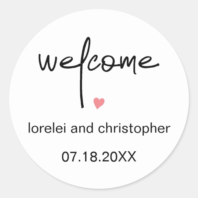 Adesivo Redondo Chic Minimalist Font, Welcome & Heart Wedt (Frente)