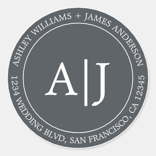 Adesivo Redondo Chic Monograma Endereço de devolução de casamento  (Frente)