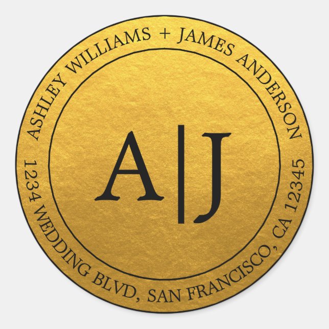 Adesivo Redondo Chic Monograma Endereço de Devolução de Casamento  (Frente)