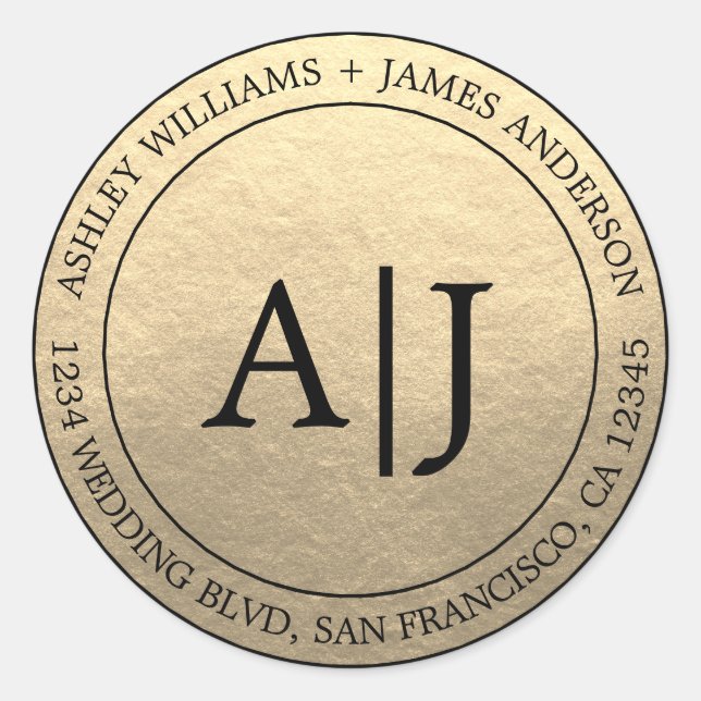 Adesivo Redondo Chic Monograma Endereço de Devolução de Casamento  (Frente)