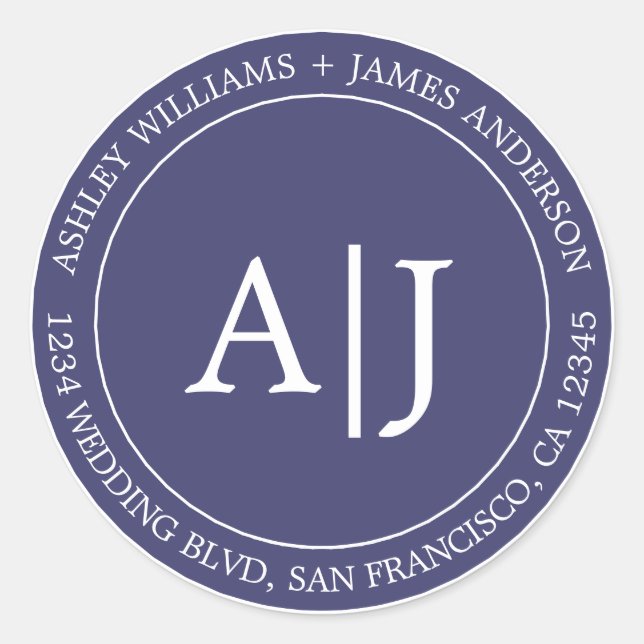 Adesivo Redondo Chic Monograma Endereço de Devolução Marinho Azul (Frente)