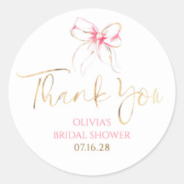 Adesivo Redondo Chic Pink Bow Favors Bridal Shower Thank You