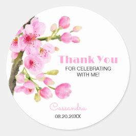 Adesivo Redondo Chic Pink Cherry Blossom Sakura Floral Obrigado