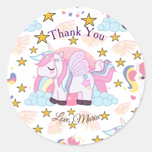 Adesivo Redondo Chic Pink Purple Dourado Star Nome Unicórnio Obrig (Frente)