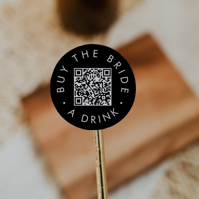 Adesivo Redondo Chic Preto Compre um Drink para a Noiva QR Code Ad (Criador carregado)