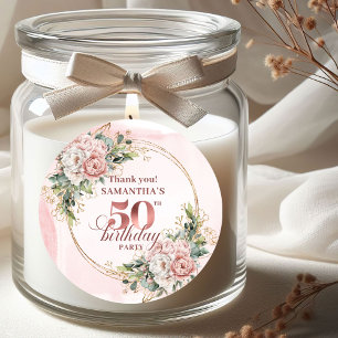 Adesivo Redondo Chic Rosa Dourado Pó Rosa Floral 50º Aniversário