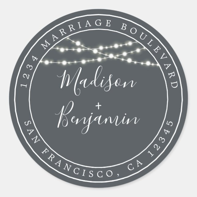 Adesivo Redondo Chic Rustic Luzes Negras Endereço de Devolução de  (Frente)