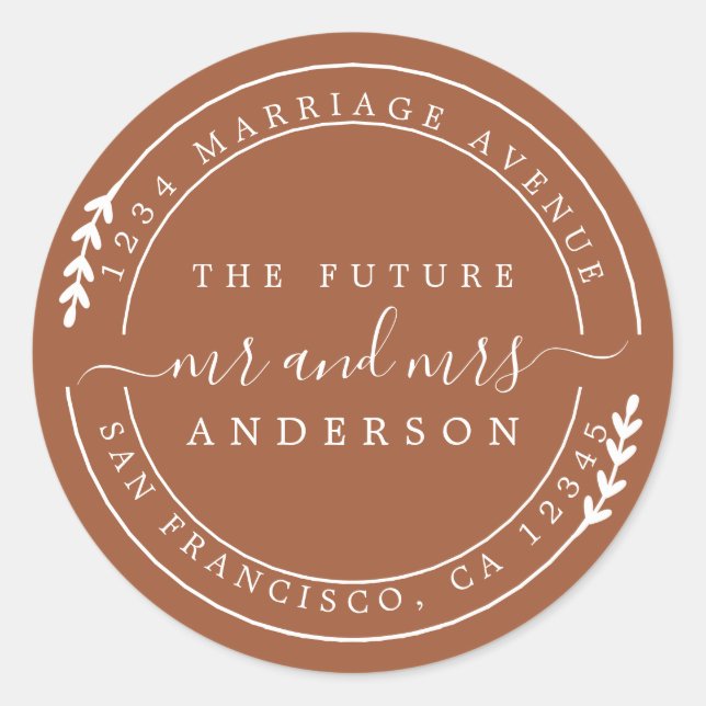 Adesivo Redondo Chic Script Future Sr. TerraCotta Endereço de Devo (Frente)