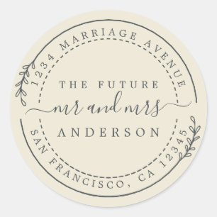 Adesivo Redondo Chic Script Future Sr. Wedding Return Endereço C