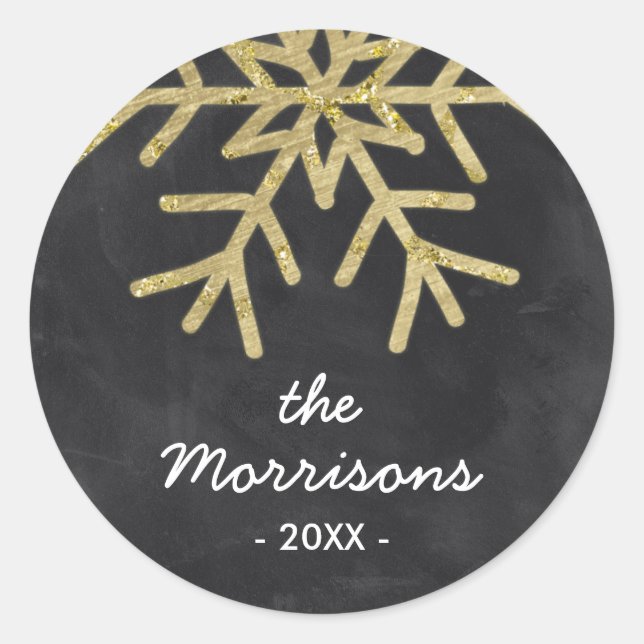 Adesivo Redondo Chic Snowflake | Faux Gold Foil Holiday (Frente)