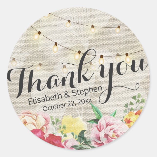 Adesivo Redondo Chic String Lights Linen Floral Weding Obrigado (Frente)