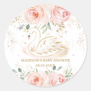 Adesivo Redondo Chic Swan Blush Pink Floral Chá de fraldas Aniver