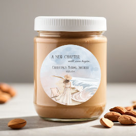 Adesivo Redondo Chic 'Um Novo Capítulo' Chá de Noiva Praia e Ondas