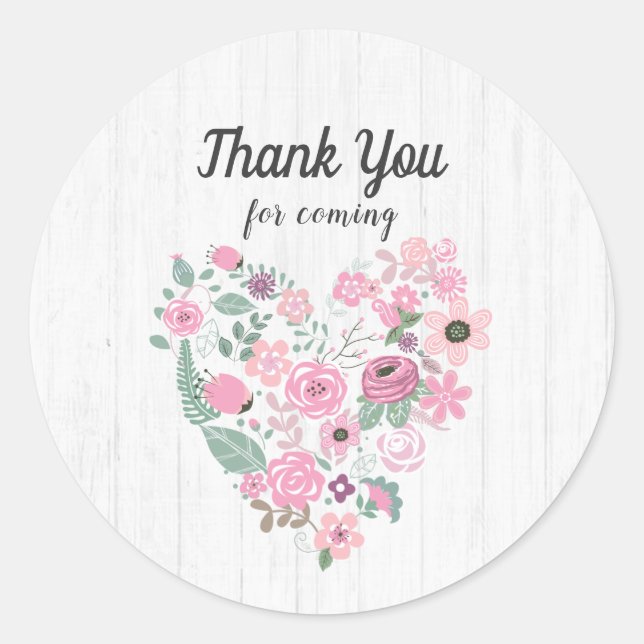 Adesivo Redondo Chic White Wood e Whimsical Floral Obrigado (Frente)