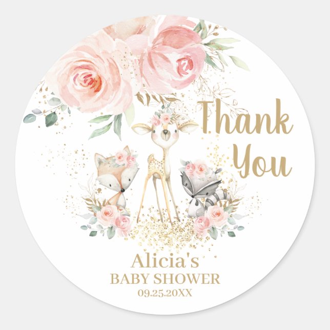 Adesivo Redondo Chic Woodland Animal Rosa Floral Obrigado Por (Frente)
