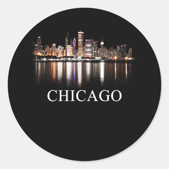 Adesivo Redondo Chicago City Skyline Lights No Night Chicago Illin (Frente)