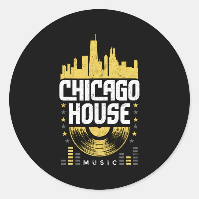 Adesivo Redondo Chicago House Music Vinyl Dj Raver Flag Skyline (Frente)