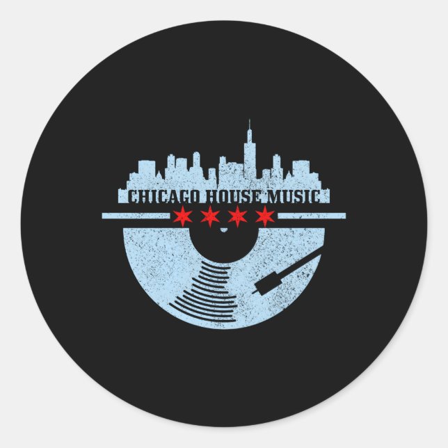 Adesivo Redondo Chicago House Music Vinyl Dj Raver Flag Skyline (Frente)