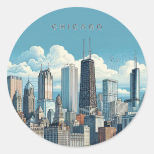 Adesivo Redondo Chicago Skyline Azul Moderno