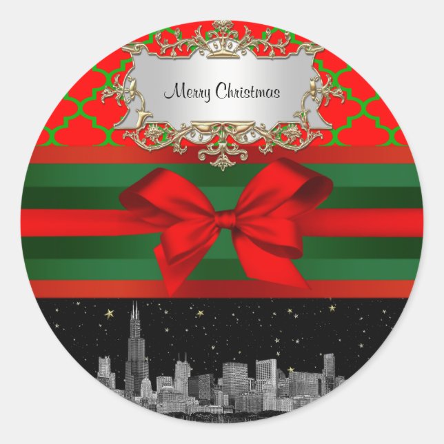 Adesivo Redondo Chicago Skyline, Red Green Quatrefoil Xmas (Frente)