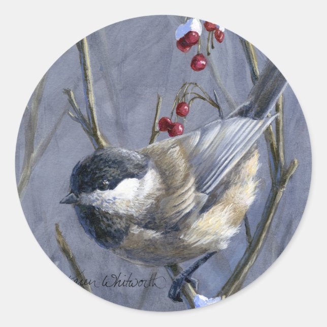 Adesivo Redondo Chickadee Berries Winter Snow (Frente)
