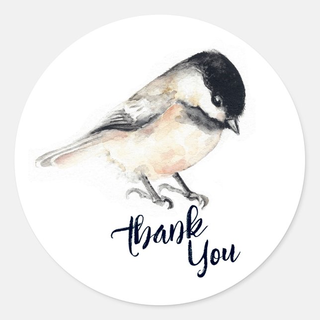 Adesivo Redondo Chickadee Obrigado (Chickadee Watercolor Art round sticker from Jenn's Emporium. )