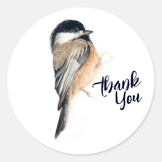 Adesivo Redondo Chickadee Obrigado (Chickadee Thank You Classic Round Sticker from Jenn's Emporium. )