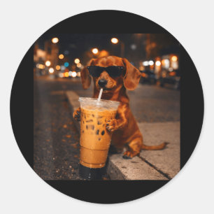 Adesivo Redondo Chihua dachshund engraçado amante de café gelado